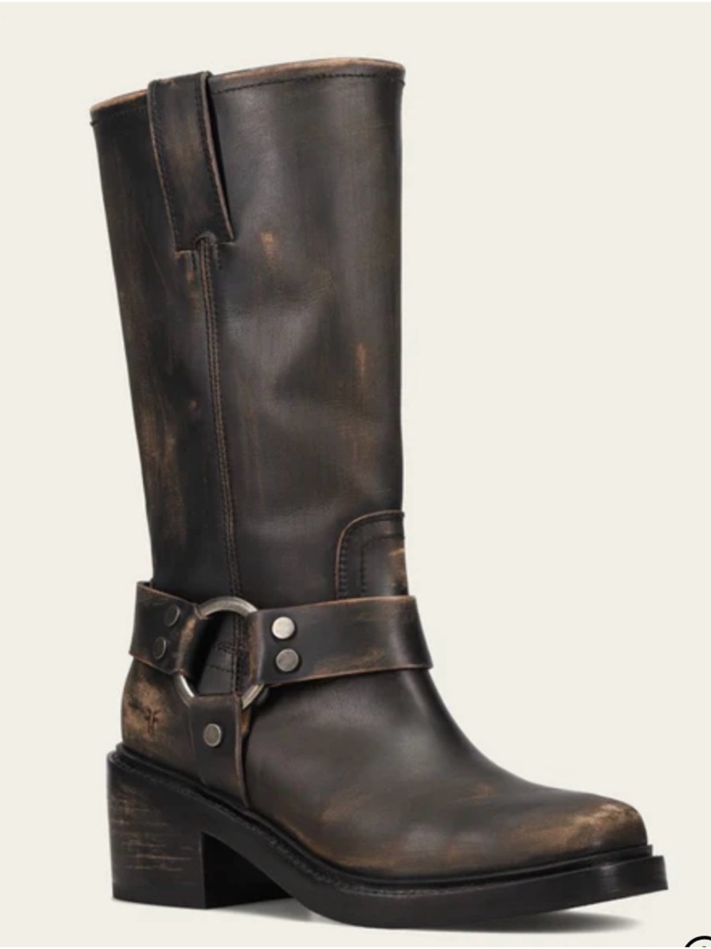 Frye Men’s Harness Leather Knee Boots Size 10 Black Brown Block Heel Brass